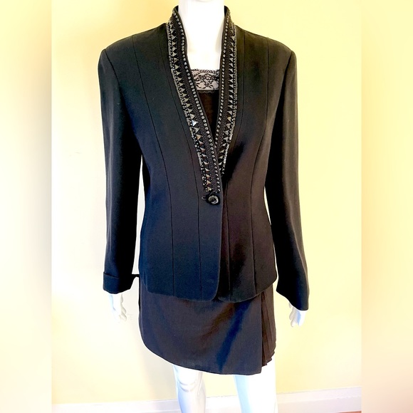 Jones New York long black tuxedo style blazer jacket shiny beaded V neck collar - Picture 1 of 15